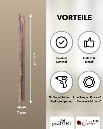 Siegelwachs für Wachspistole in Savanne-Roségold - 7mm Durchmesser, 6er Pack - Siegelstempel personalisiert
