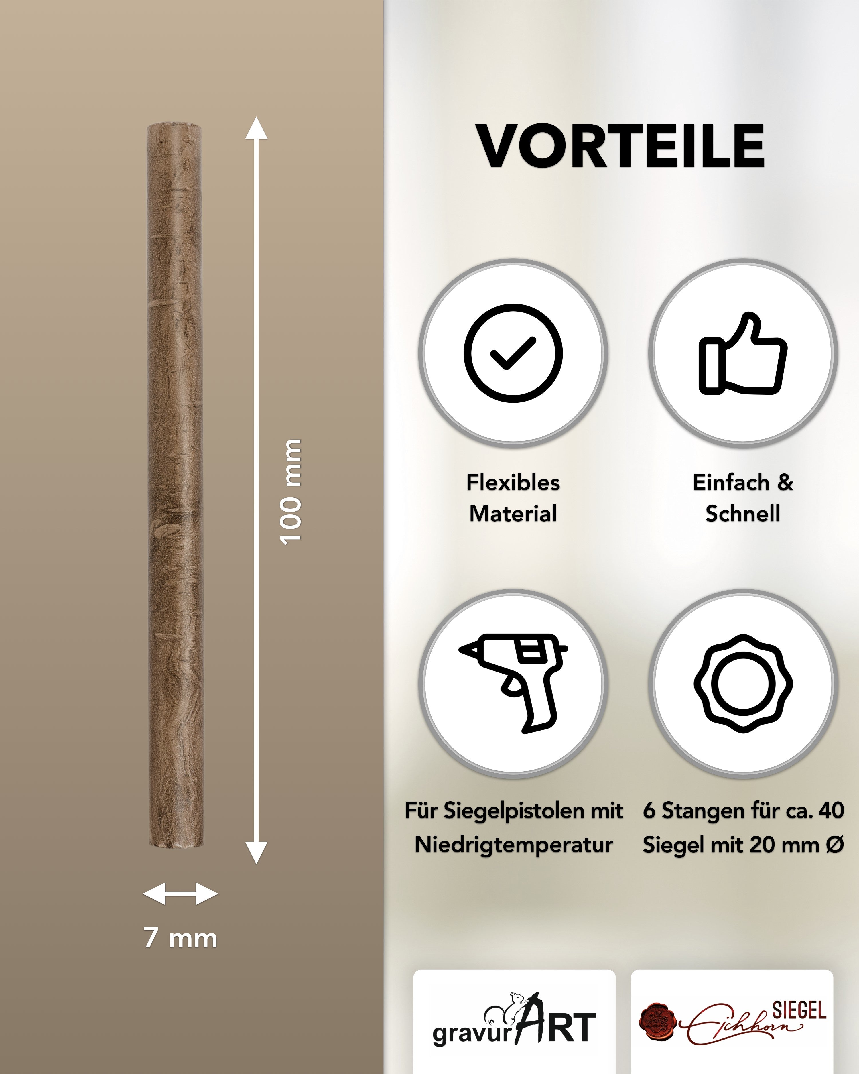 Siegelwachs für Wachspistole in Schoko-Perl., 7mm Durchmesser, 6er Pack - Siegelstempel personalisiert