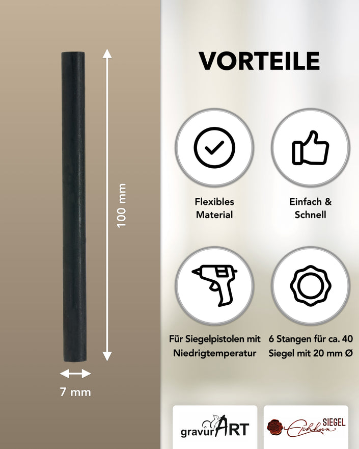Siegelwachs für Wachspistole in Schwarz, 7mm Durchmesser, 6er Pack - Siegelstempel personalisiert
