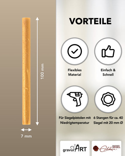 Siegelwachs für Wachspistole in Sonnengold, 7mm Durchmesser, 6er Pack - Siegelstempel personalisiert