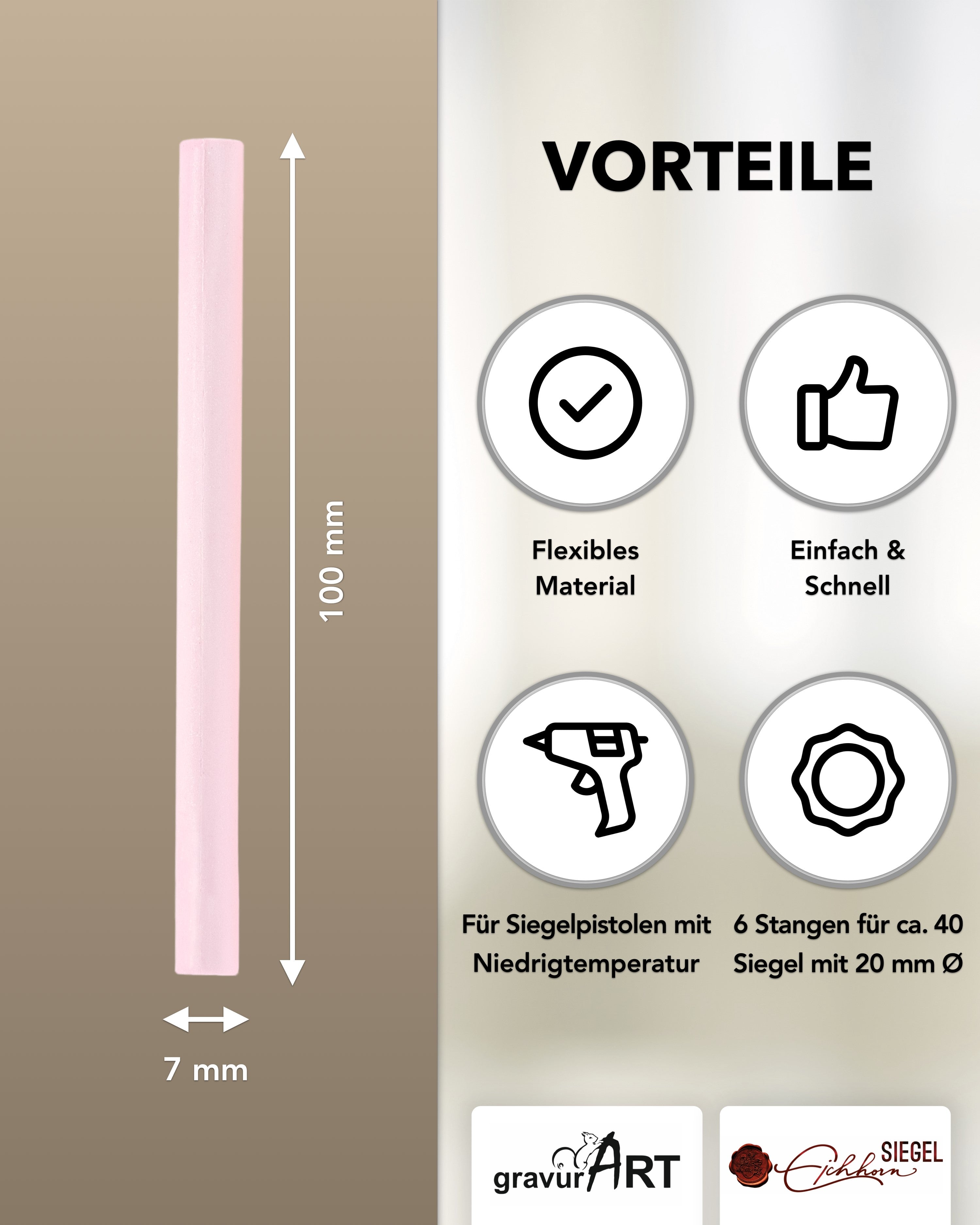 Siegelwachs für Wachspistole in Zartrosé, 7mm Durchmesser, 6er Pack - Siegelstempel personalisiert