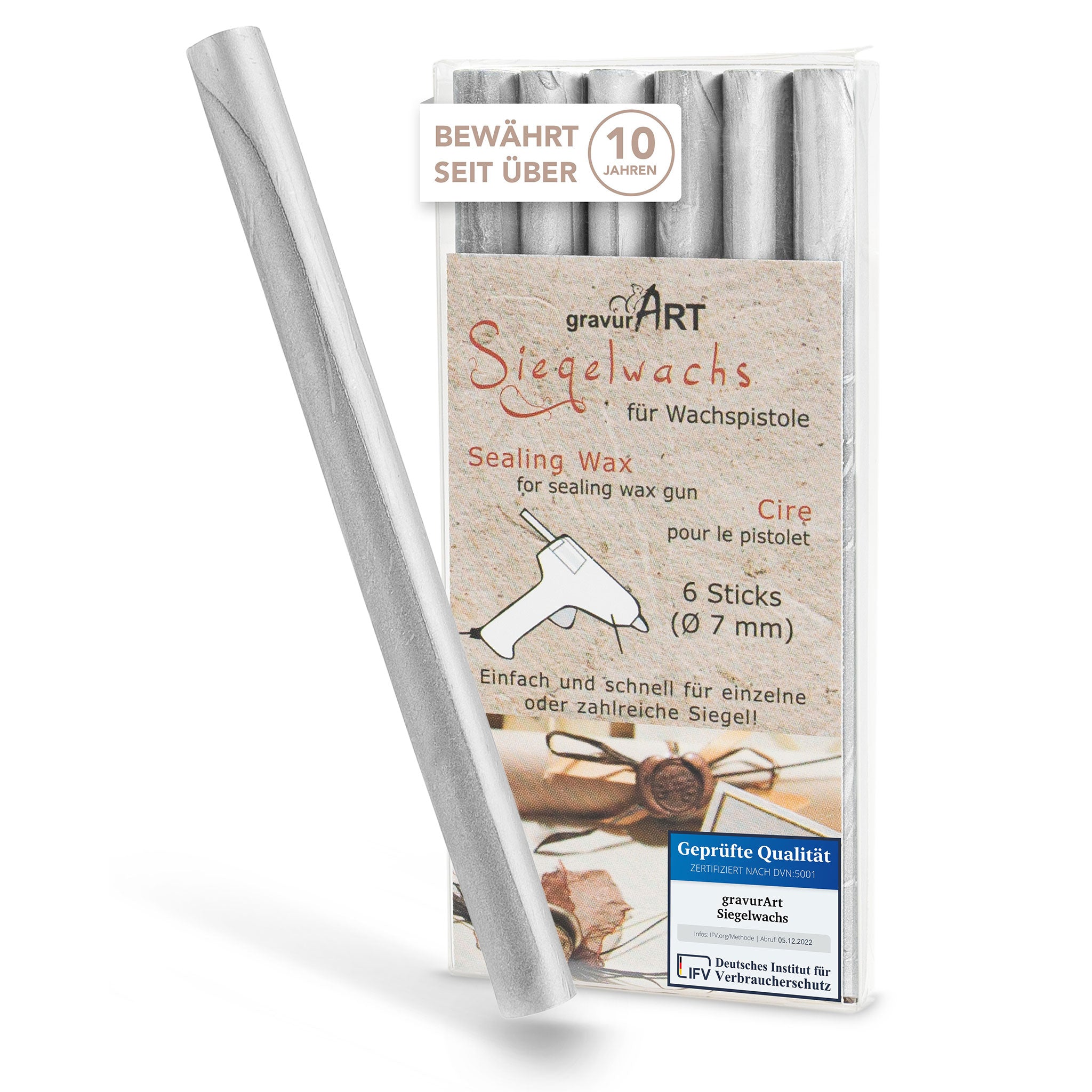 Siegelwachs für Wachspistole in Silber, 7mm Durchmesser, 6er Pack - Siegelstempel personalisiert