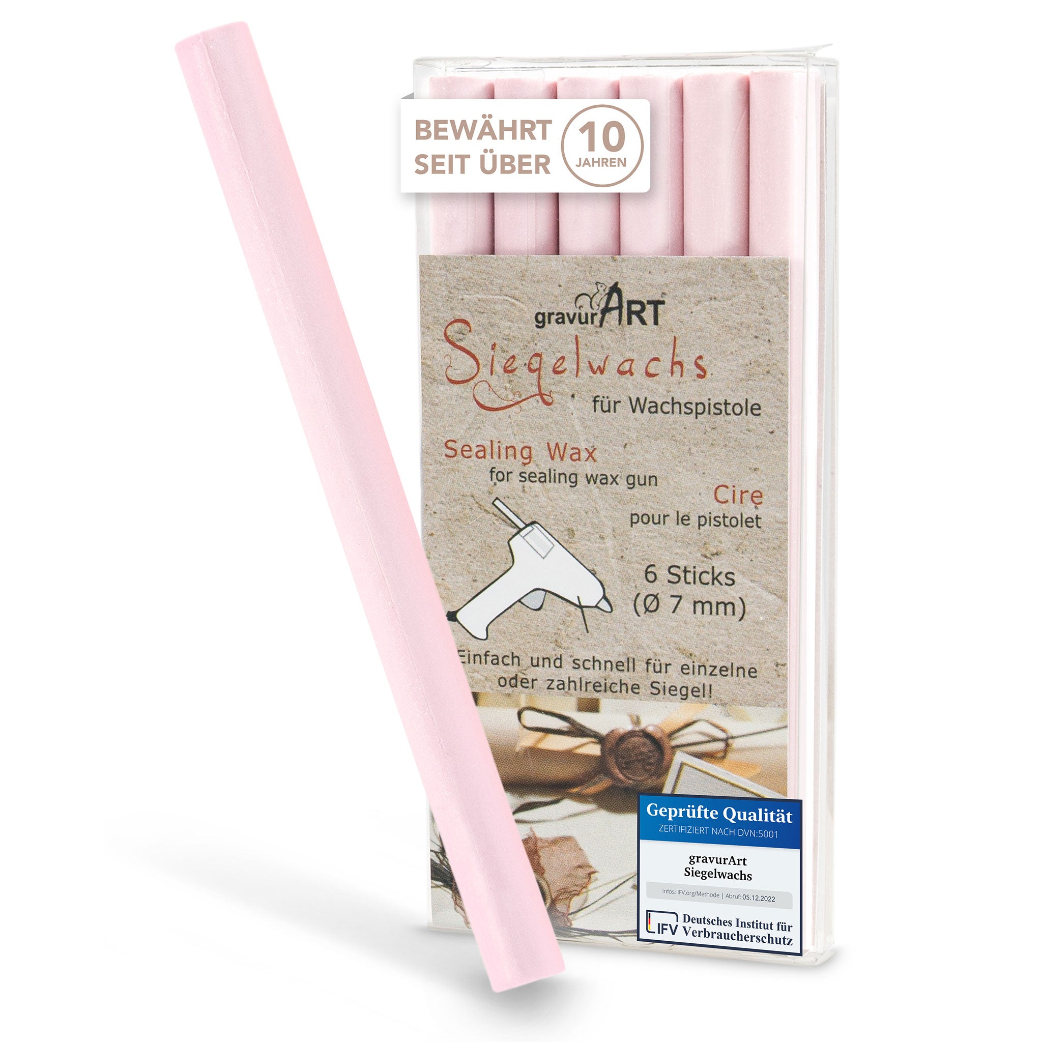 Siegelwachs für Wachspistole in Zartrosé, 7mm Durchmesser, 6er Pack - Siegelstempel personalisiert